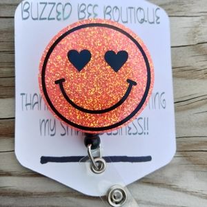 Orange Valentine Heart Eyes Smiley Face Retractable Name Badge Reel ID Holder